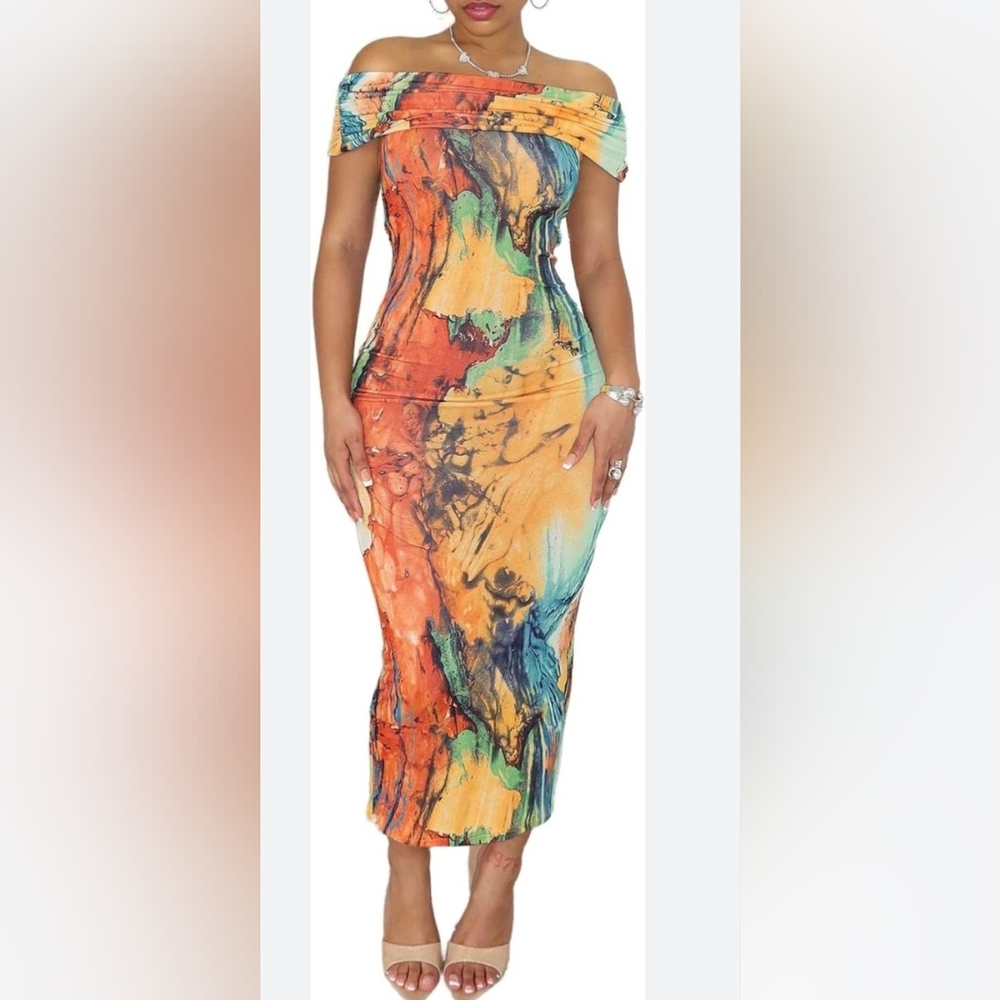 Multicolor Marble Print Bodycon Maxi Dress